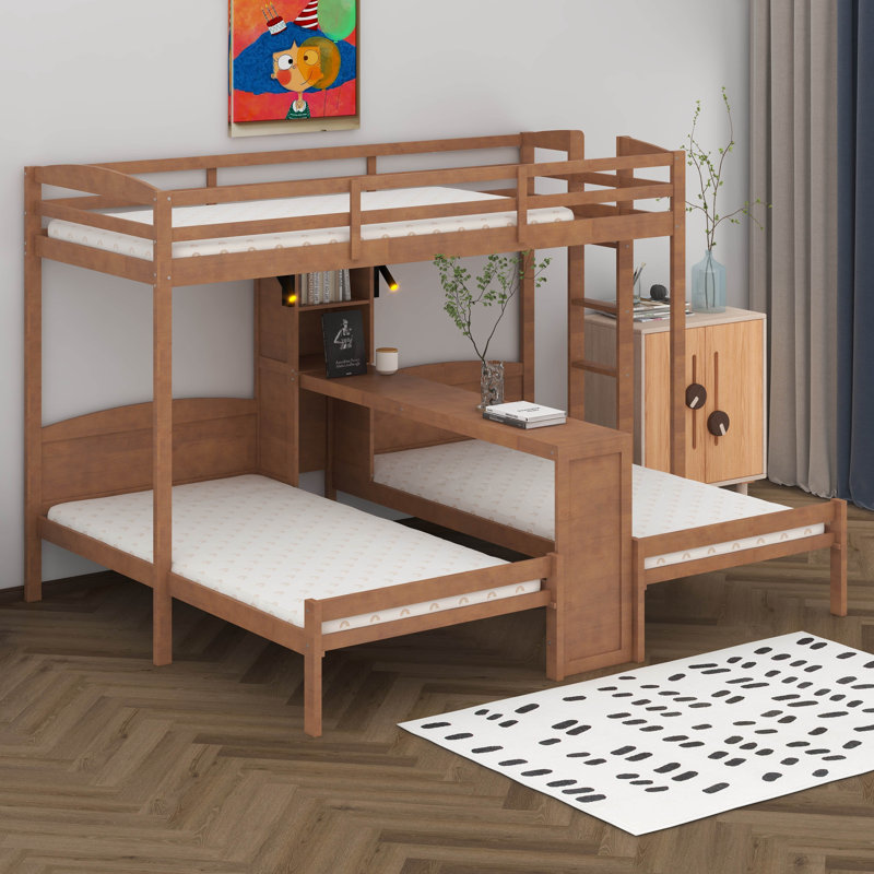 Lit superposé simple au-dessus de simple et simple avec bureau et tablettes de rangement, cadre de lit superposé triple en bois peu encombrant avec éclairage DEL