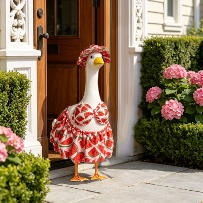 Polyester Porch Goose Apparel Porch Garden Bird Outfit Set Printed Sun Hat Bow Top And Skirt 3 Piece Set Cute Decorative Yard Bird Clothes Accessories For Outdoor And Home Decor