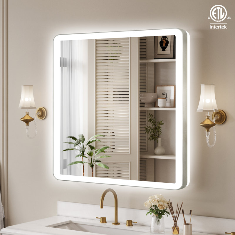Natalin LED Wall Mirror, 36" x 36", Brushed Nickel, Square