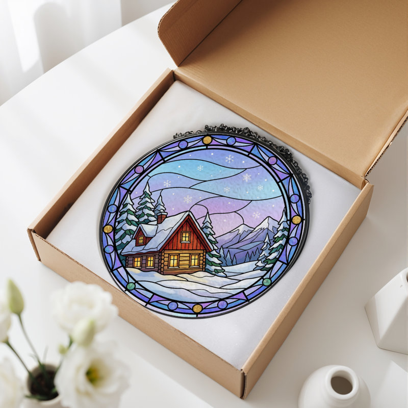 Panneau de vitrail 12 "H Winter Cabin, H 12 po x l 12 po