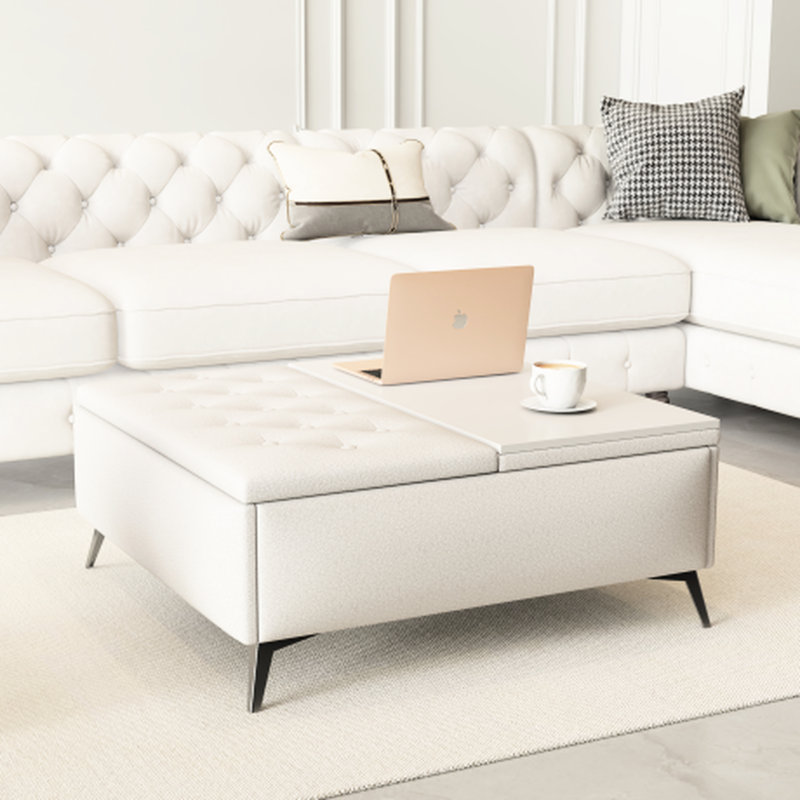 Table basse polyvalente à plateau relevable avec espace de rangement - 35 pouces de large carré beige pour le salon en bois et tissu