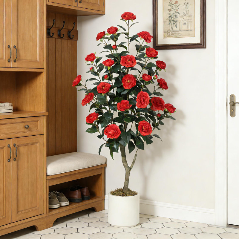 Camélia artificiel avec pot blanc pour décoration intérieure et extérieure, 48 po x 7 po, Rouge