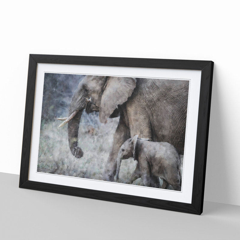 Mother and Baby Elephant Vol.1 - Framed Print, 36cm H x 48cm W x 2cm D, Black Framed