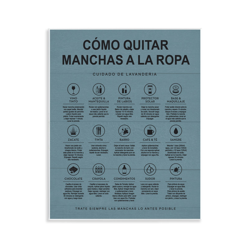 «Lavanderia Stain Guide», art mural espagnol par lettres et lignes, Bleu