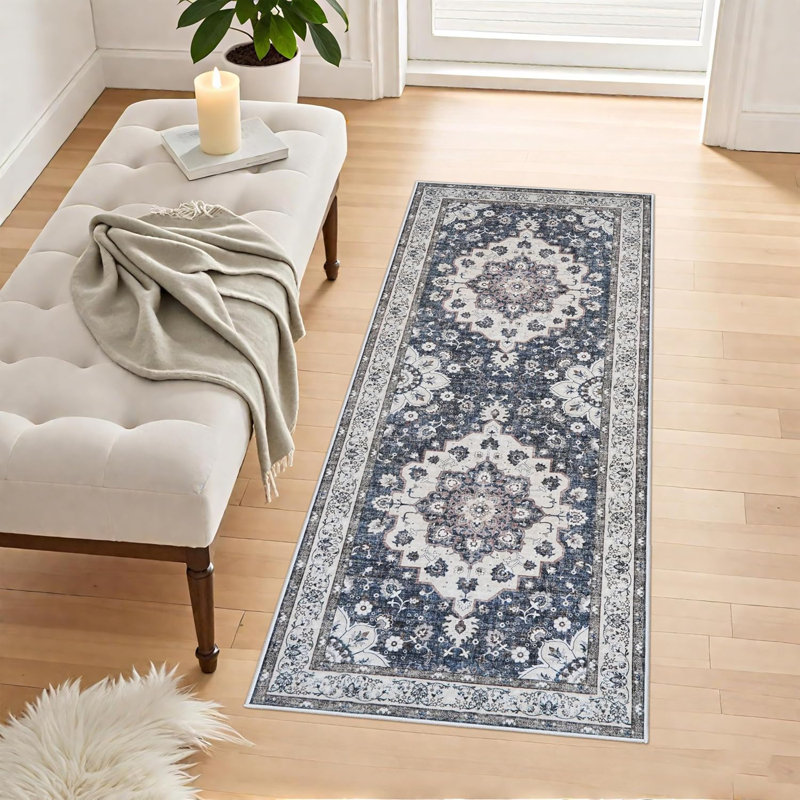 Washable Hallway Rug: Oriental Non-Slip Rugs for Entryway Living Room Floral Stain Resistant Long Kitchen Bathroom Carpets Accent Low Pile Floor Mat for Dining Room Bedroom (Blue)