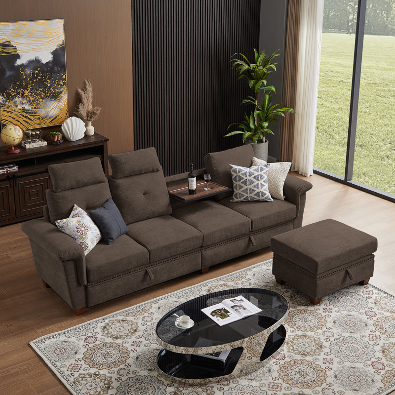 109" Modern 4 Seaters Sectional Sofa with Hidden Coffee Table and Large Storage Space, Coffee 100% Linen