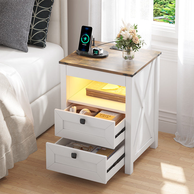 17.3"W 2 - Drawers Nightstand with LED light, Farmhouse End Table with  Wireless Charger& Human Sensor, White