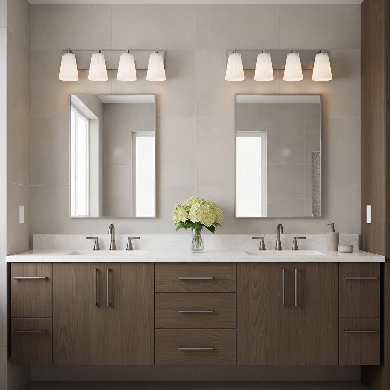 Très grand meuble-lavabo Upson de Génération Éclairage , H 7,75 po x l 24,25 po x P 6,25 po, Nickel brossé, Quatre lumières
