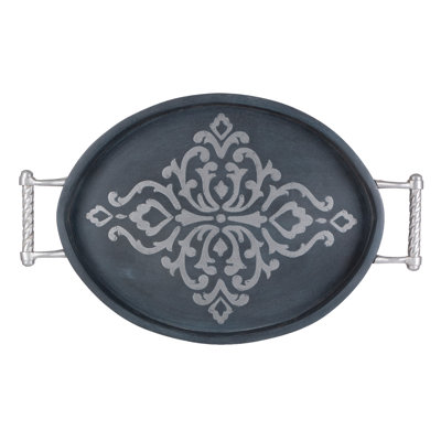 Gray-washed metal-inlay oval tray with handles