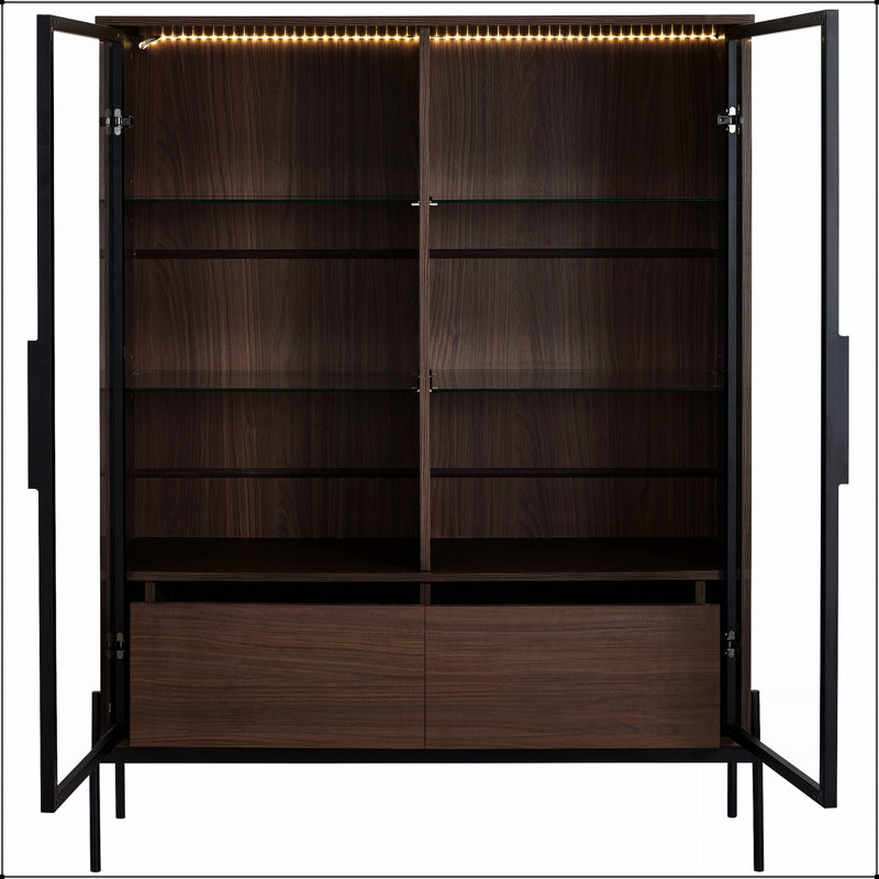 51.2'' Tall Lighted Display Cabinet With Tempered Glass, Metal Legs, LED Lighting, Modern Minimalist Style For Living Room, Office, Study, Walnut Finish