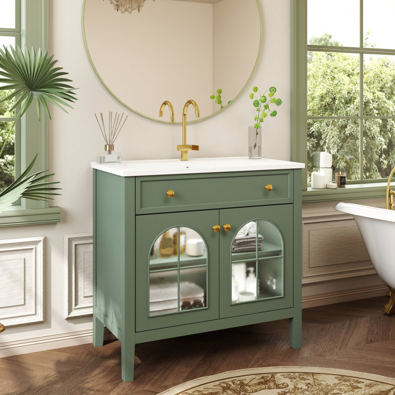 Meuble-lavabo autoportant avec tablette de rangement, Vert