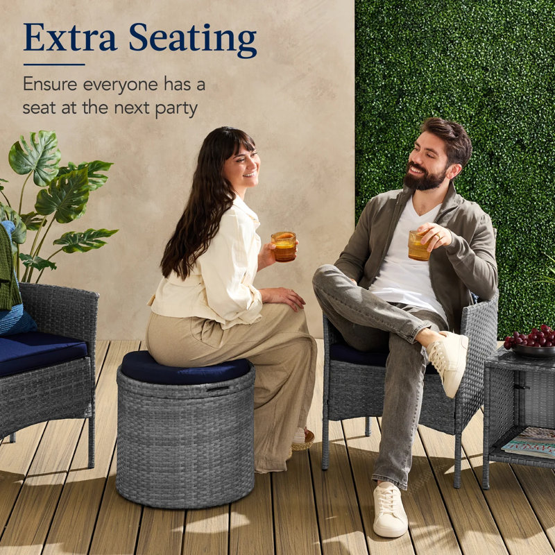 Round Wicker Ottoman, Gray, Navy