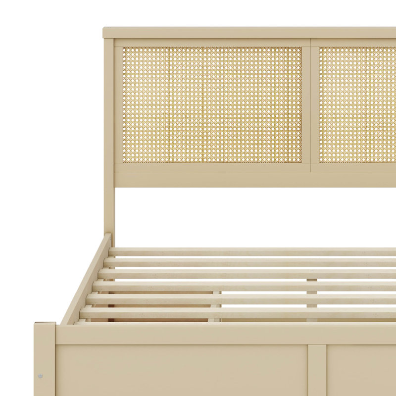 Wood Storage Platform Bed with 4 Drawers and Rattan Headboard, Full, Nature