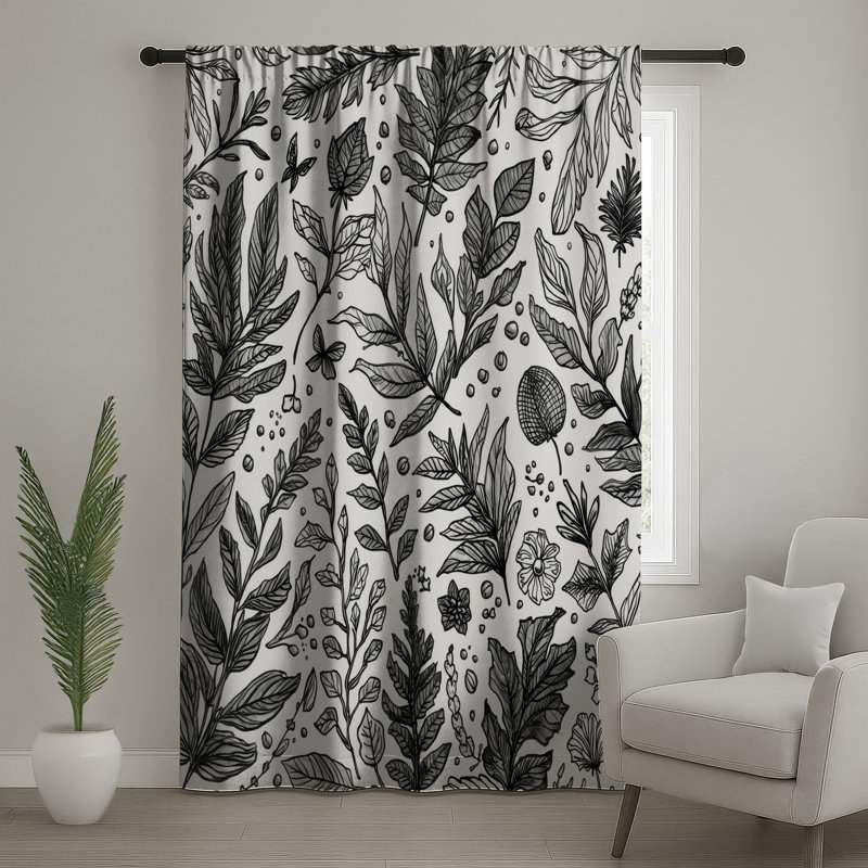 Rideaux noirs et blancs à motif botanique à motif botanique - 1 panneau, 50 po x 92 po - 1 panneau, Transparent