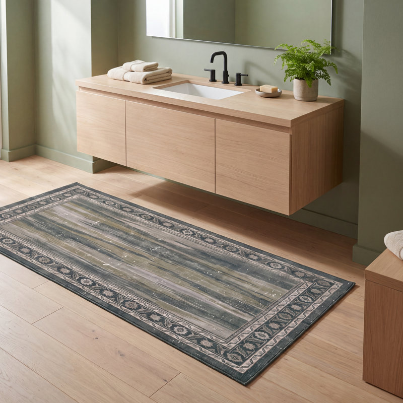 Tapis Haverford moderne à l'aspect vieilli, motif aquarelle abstrait vert, gris et blanc, lavable en machine, antidérapant, à poils courts, pour l'intérieur et l'extérieur, adapté aux animaux domestiques, idéal pour le salon, la chambre, la salle à manger, l'entrée, le couloir ou le bureau.