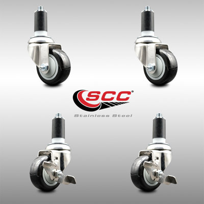 3 Inch 316SS Black Poly Swivel 1-1/4 Inch Expanding Stem Caster Set 2 Brake SCC
