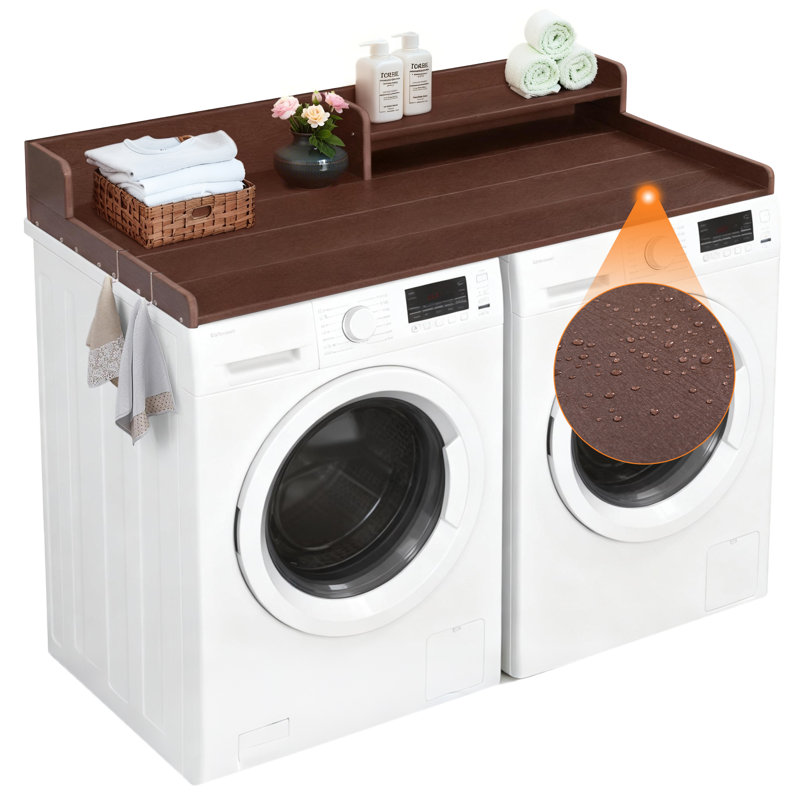 Hdpe Washer Dryer Countertop With 2-tier Shelf, 54" Wide Laundry Machine Topper With 2 Hooks & Non-slip Pads For Laundry Room Organization