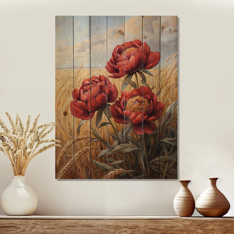 Pivoines rouges dans le champ de céréales I - impression de pivoines sur bois de pin naturel, H 32 po x l 24 po x P 0,78 po