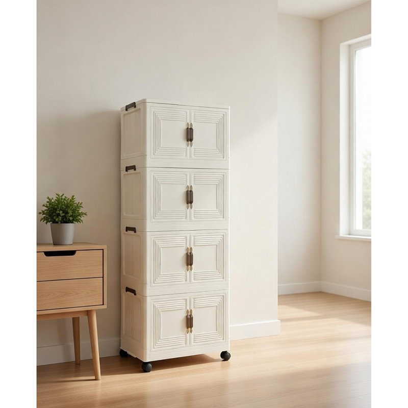 Armoire de rangement pliante à 4 niveaux avec roues et portes, rangement en plastique empilable, armoire de rangement verticale compacte pour la chambre à coucher, le bureau, le salon et le garde-manger