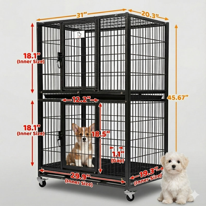 Chenil de cage pour chien 31 pouces empilable avec quatre roues verrouillables, plateau amovible, cages pour chien