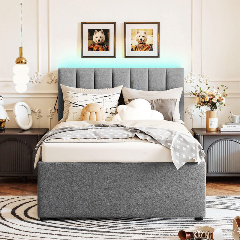 Lit plateforme tapissier simple avec lit gigogne Teddy
