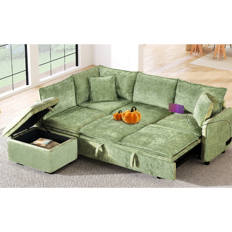Lit modulaire convertible avec rangement, 2 coussins, ports électriques - Rangement ergonomique et agile, Douilles pour le salon, Design doux et confortable