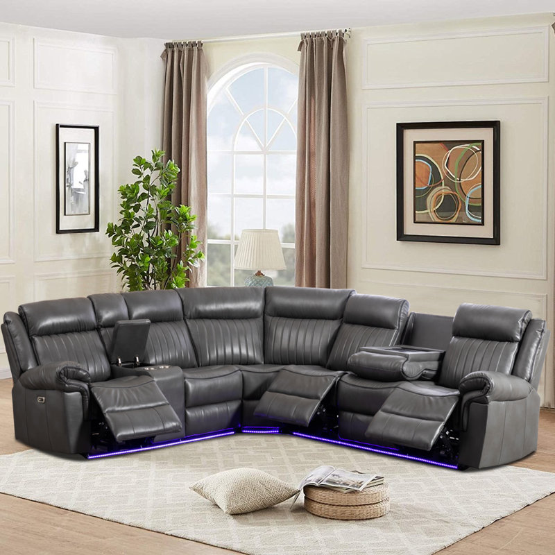 3 - Piece Vegan Leather Reclining Sectional With Foldable Charging Station & Led Lights, Gray Faux Leather