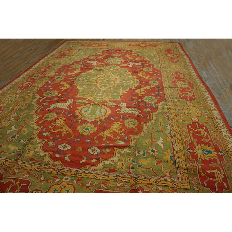 Tapis turc Oushak de grande taille à motif animalier rouge et vert