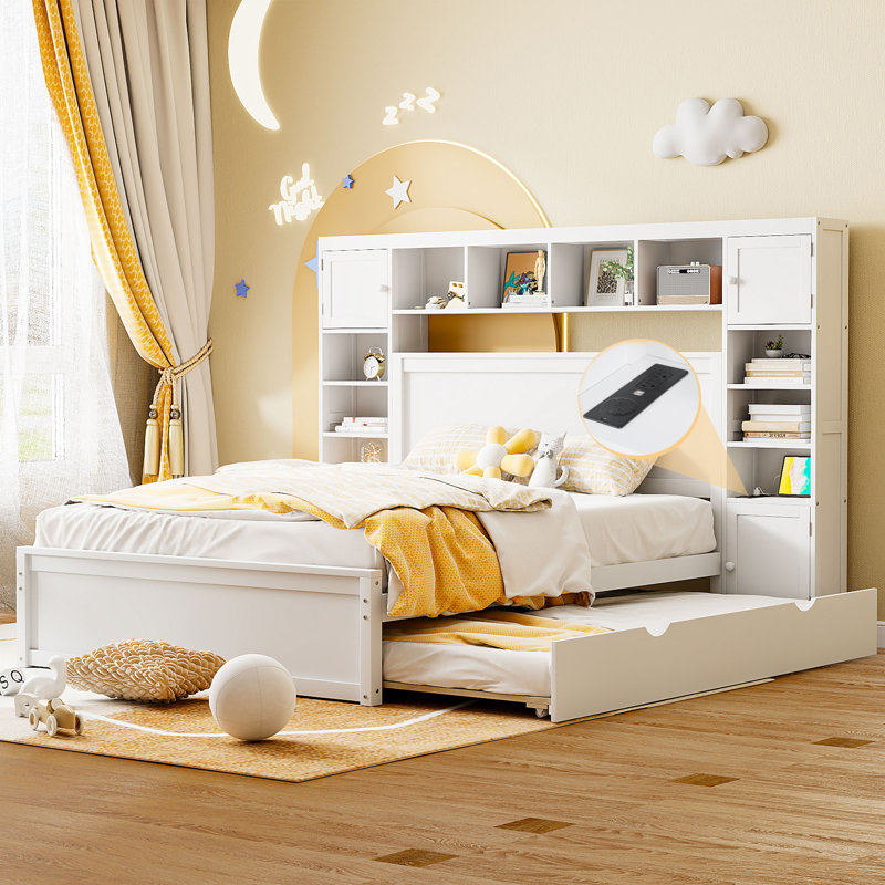 Lit en bois avec armoire tout-en-un, tablette et douilles, lit gigogne simple, Blanc, Grand lit