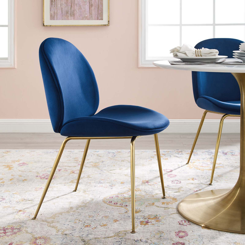 Scoop Gold Stainless Steel Leg Performance Velvet Dining Chair, Navy