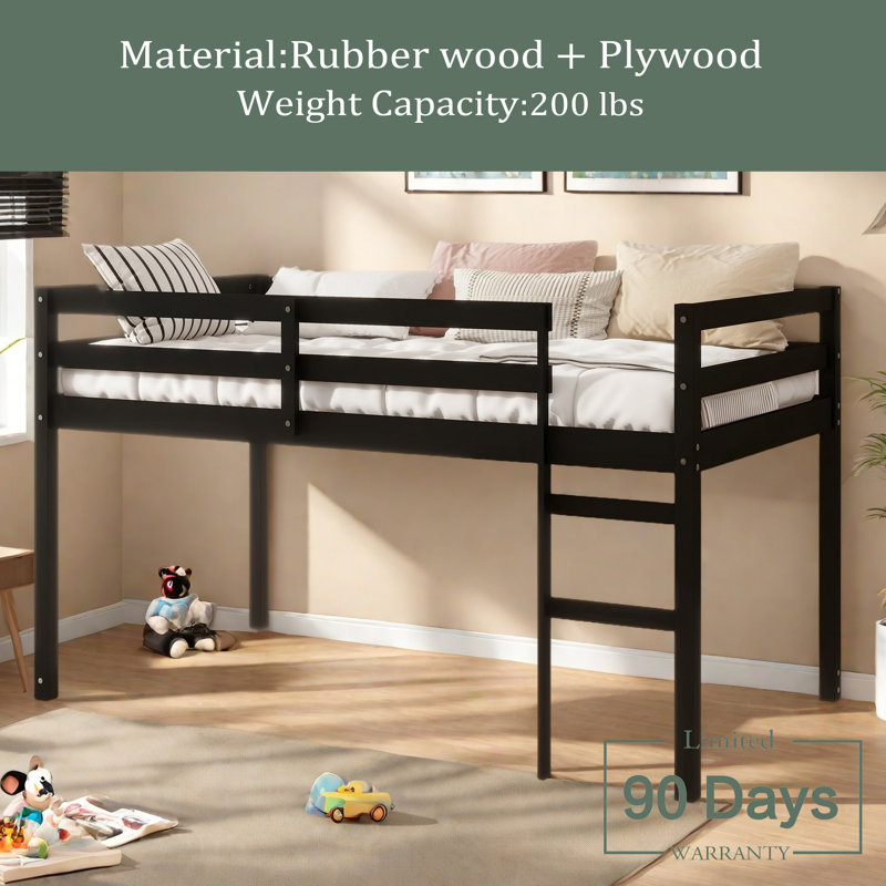 Solid Wooden, Rubber Wooden Twin Loft Bed With Ladder, Bed Platform Of Strengthened Slats, Black