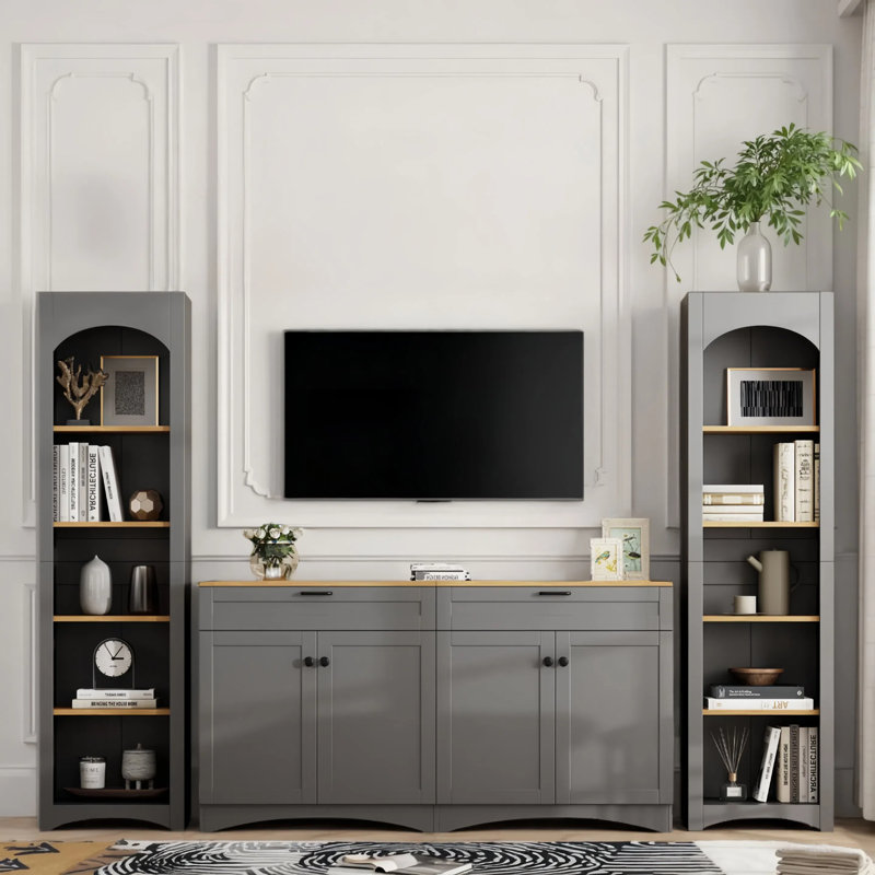 3-Piece Farmhouse Entertainment Center with Storage Cabinet for TVs Up to 70",TV Stand with Bookshelf, Gray