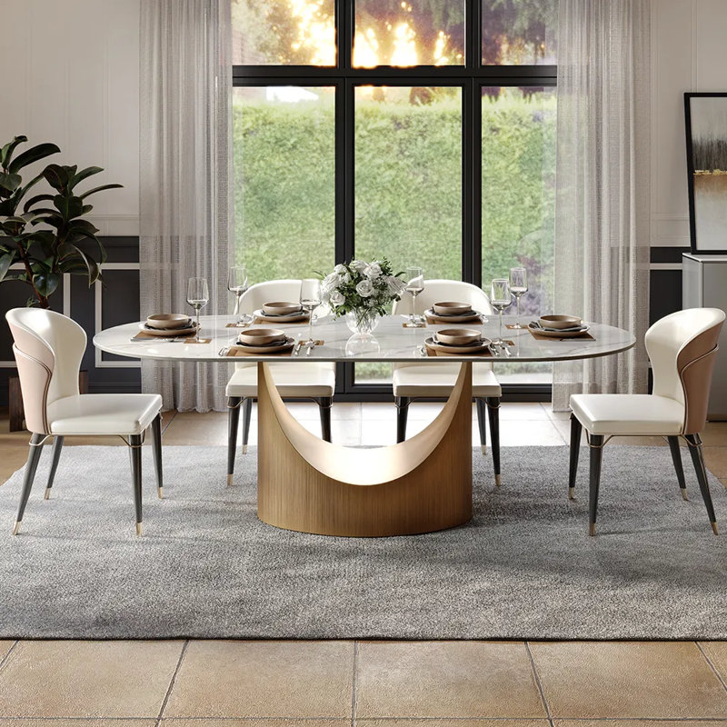 7 Pieces Dining Room Sets, Pre-Assembly Oval Dining Table Sets, Sintered Stone Tabletop Kitchen Dining Table Set With Upholstered Chairs