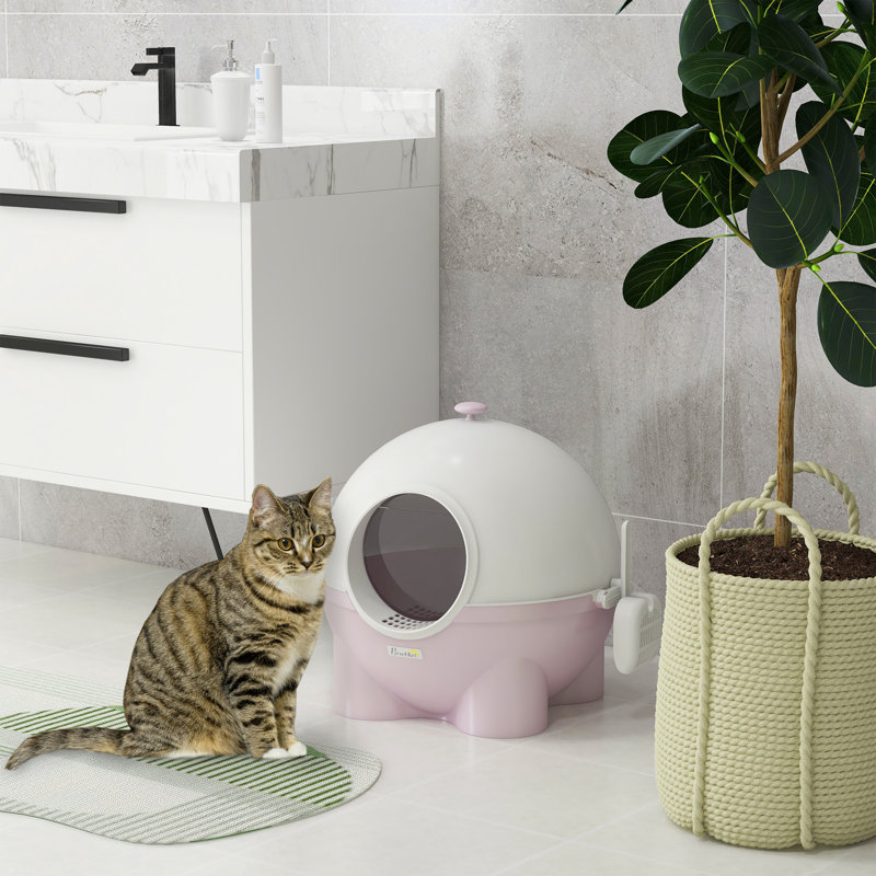 Cat Litter Box with Lid, Scoop, Leaking Sand Pedal, Top Handle, Pink
