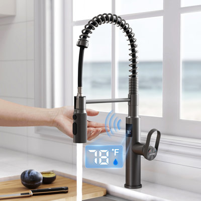 MASO Touchless Spring Kitchen Faucet with Pull-Down Sprayer, Fahrenheit Temperature Display, 3 Spray Modes, 360° Swivel, Single Handle for RV, Farmhouse, Camper, Laundry & Bar,Brushed Gray