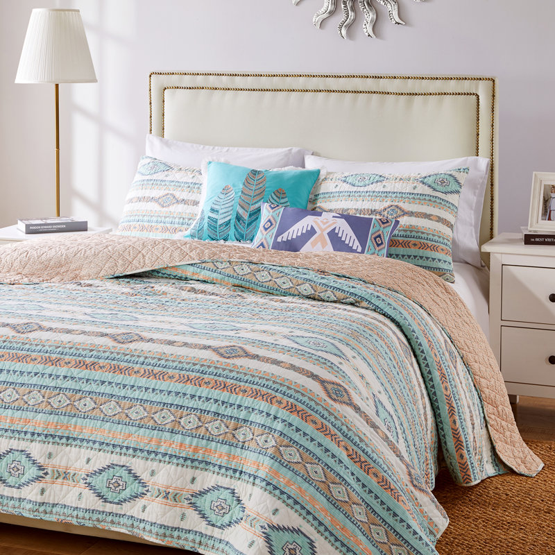 King Size Blue Southwestern Reversible Microfiber Quilt Set