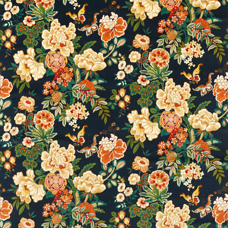Emperor Peony Fabric, Midnight/Apricot