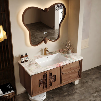 Meuble-lavabo mural de luxe moderne avec lavabo en céramique sans soudure en céramique frittée et miroir intelligent en forme de papillon
