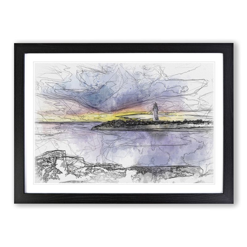 Remote Lighthouse & Seascape Sketch - Picture Frame Graphic Art Print, Black Framed, 40cm H x 60cm W x 2cm D