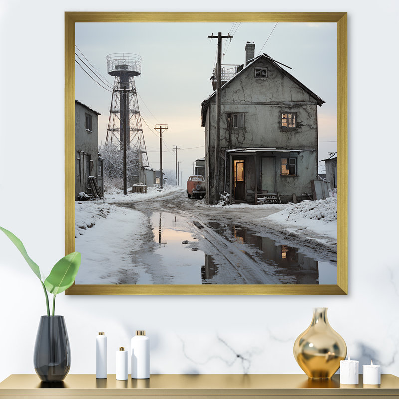 Warehouse Winter Scenery sur toile, Cadre doré simple, H 36 po x l 36 po x P 1,5 po