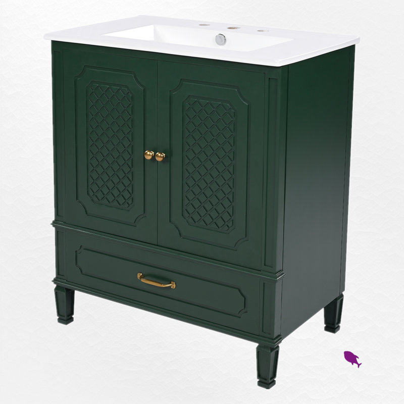 30" Single Bathroom Vanity Set With Ceramic Top, Dark Green, Gold