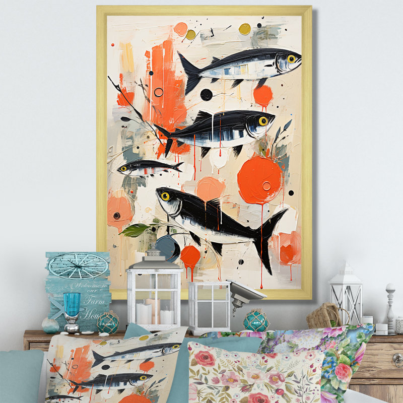 Reproduction d'acrylique abstraite sur fond de fruits de mer de J Advyga, Encadrement doré, H 44 po x l 34 po x P 1,5 po