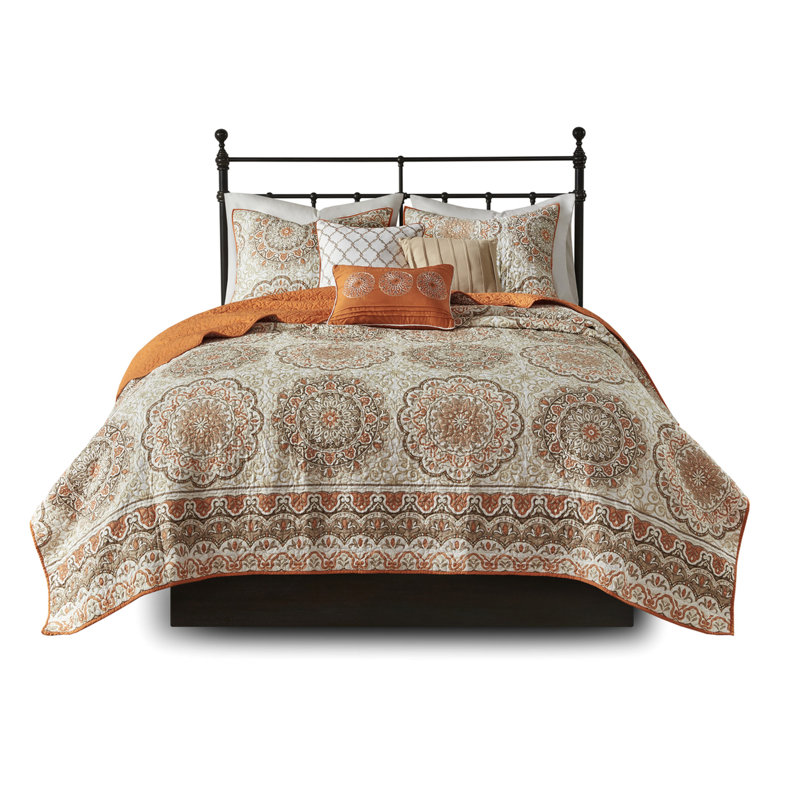 Ensemble de courtepointe réversible pour lit 6 pièces très grand / très grand - motif floral orange avec médaillons, coussins brodés, lavable à la machine pour une impression moderne, revers en tissu brossé, 2 taies décoratives