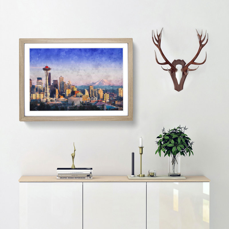 Seattle Skyline - Picture Frame Painting Print, Oak Framed, 24cm H x 33cm W x 2cm D