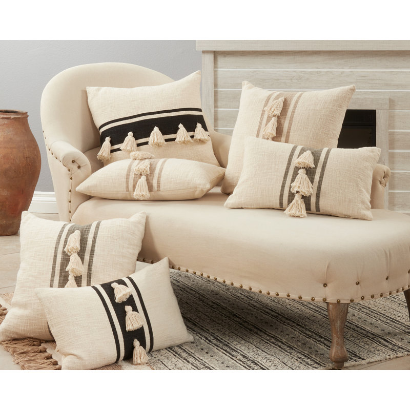 Natural Cotton Striped Tassel Throw Pillow