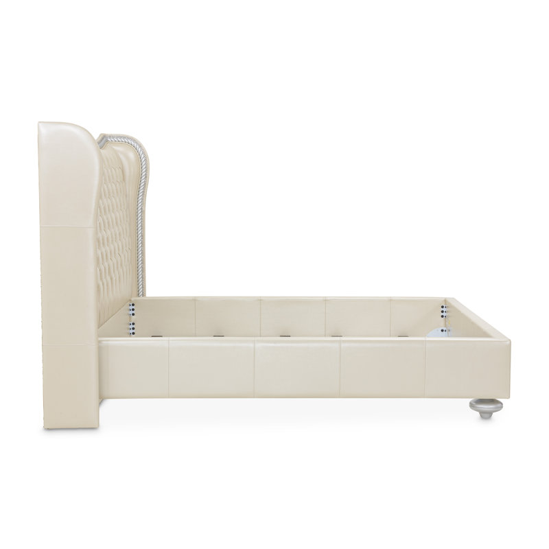 Cream Queen Upholstered Leather Bed with Tufted Headboard