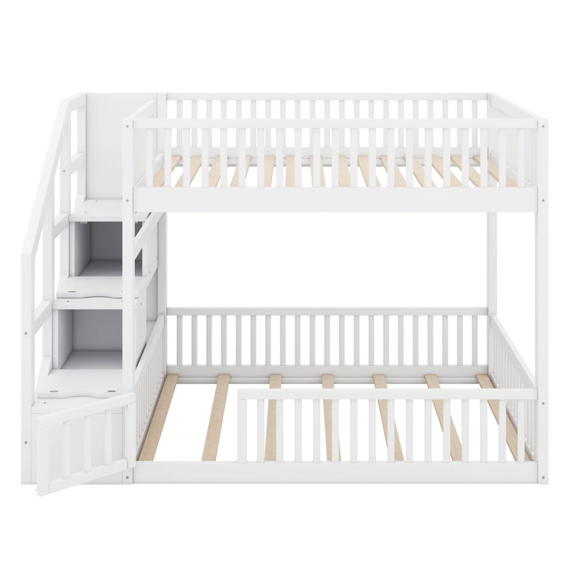 Lit superposé avec escalier de rangement et garde-corps, structure de lit superposé au sol en bois avec support de lattes robustes