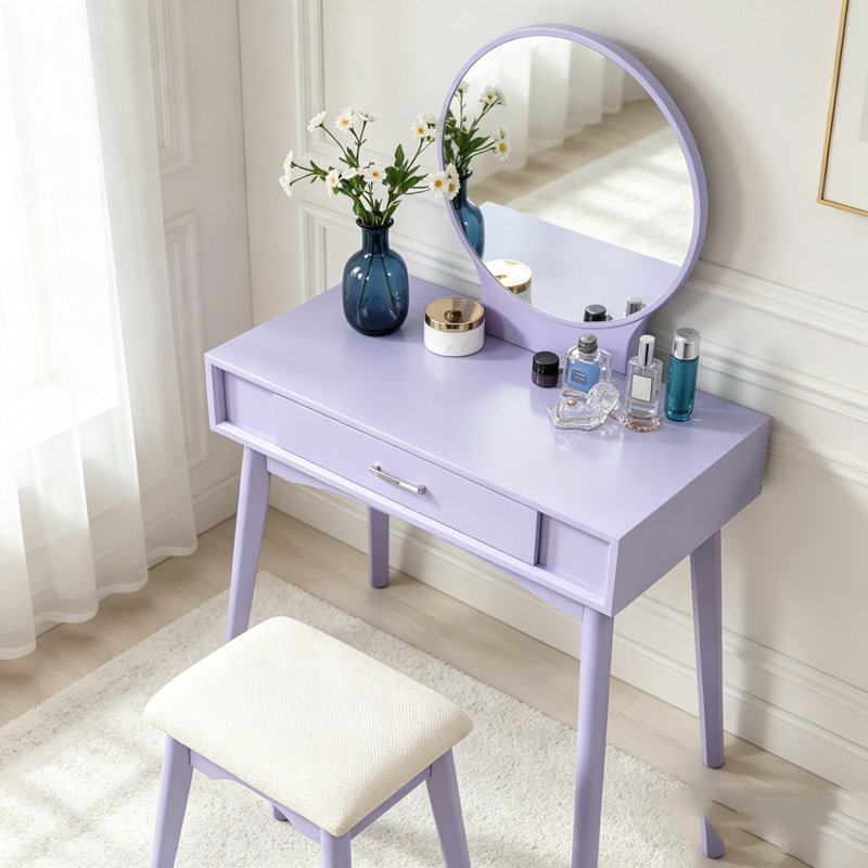 Ensemble de coiffeuse contemporain en bois avec miroir rond et rangement, Mauve