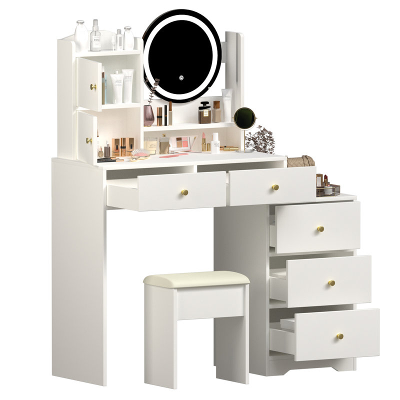 Meuble-lavabo moderne blanc avec miroir et tablettes - 5 tiroirs et plus, rangement spacieux à DEL blanc, éclairage 3 couleurs, rangement, mobilier de chambre à coucher