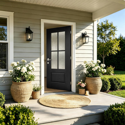 Porte d'entrée en fibre de verre avec cadre en PVC, porte extérieure vers l'intérieur avec moulure de brique à droite